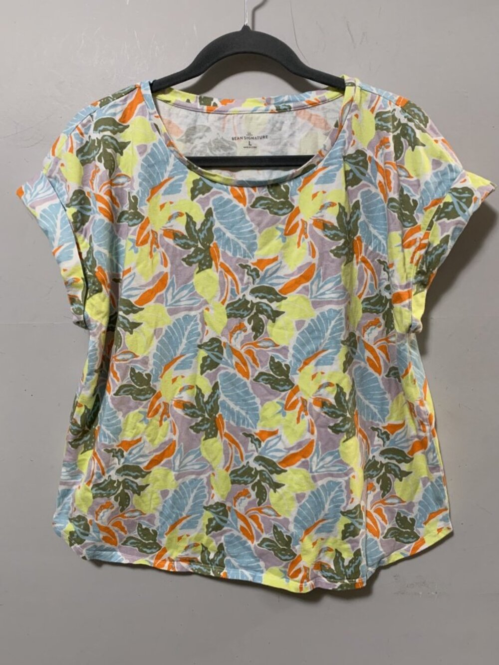 LL Bean Signature Women Large Floral Colorful Tropical Top Short Sleeve Shirt